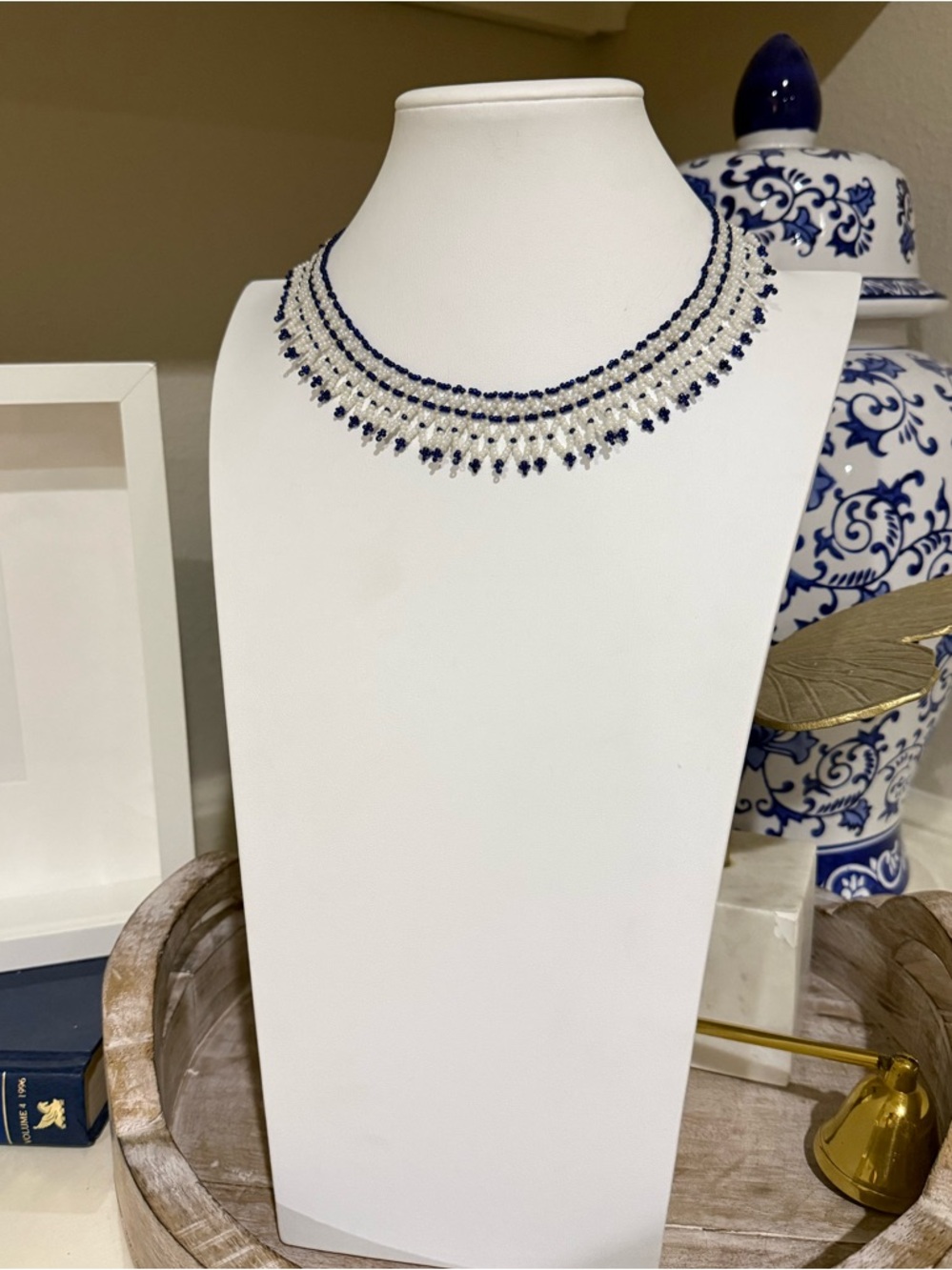 White and Blue Seed Bead Collar Bid Necklace